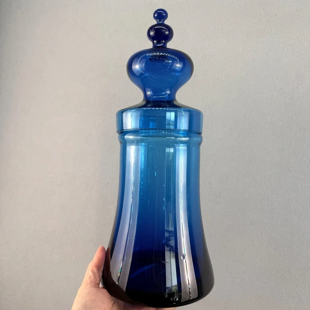 Vintage Empoli Style Italian Blue Glass Apothecary Jar with Lid MCM 14" Italy - Picture 1 of 9